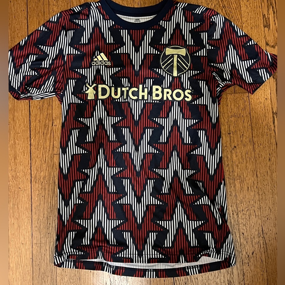 Adidas Portland Timbers Red White Blue Dutch Bros MLS Soccer jersey.